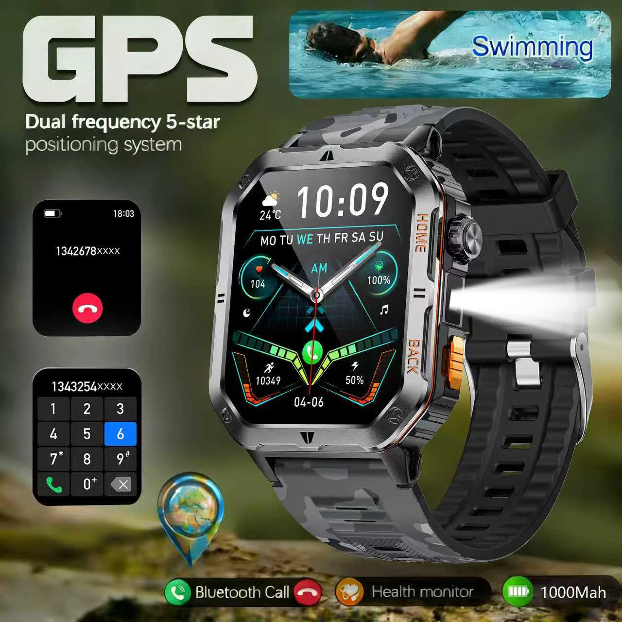 2025- 2026 Montre Militaire intelligente Robuste GPS 1000Mah batterie boussole 3ATM tactique étanche Sport lampe de poche BT