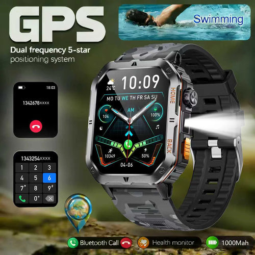 2025- 2026 Montre Militaire intelligente Robuste GPS 1000Mah batterie boussole 3ATM tactique étanche Sport lampe de poche BT