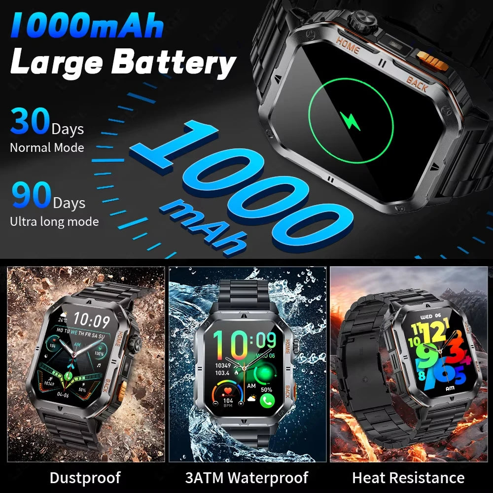 2025- 2026 Montre Militaire intelligente Robuste GPS 1000Mah batterie boussole 3ATM tactique étanche Sport lampe de poche BT