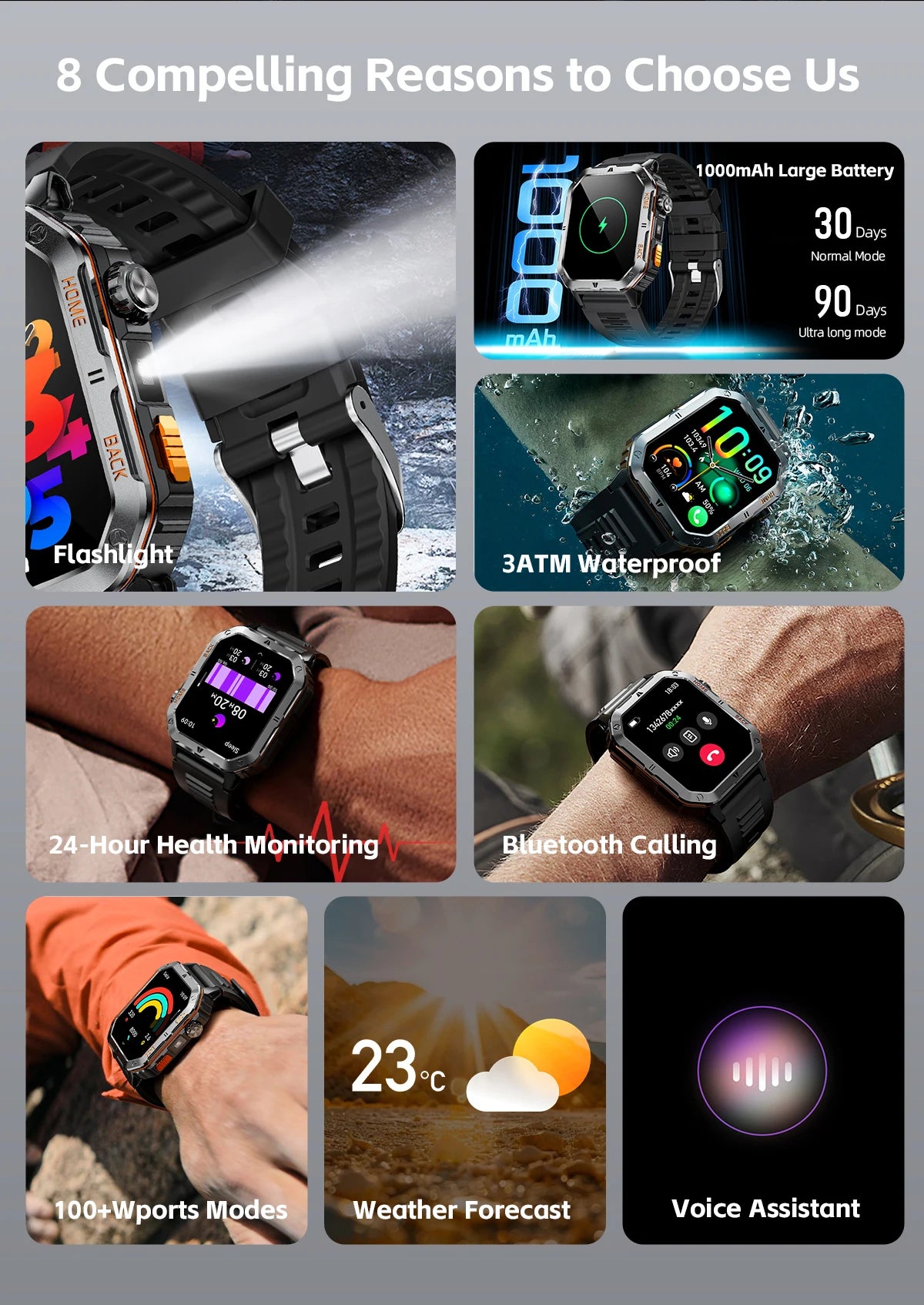 2025- 2026 Montre Militaire intelligente Robuste GPS 1000Mah batterie boussole 3ATM tactique étanche Sport lampe de poche BT