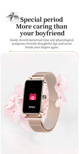 Fine montre connectée pour femme réunie élégance, beauté et fonction santé.